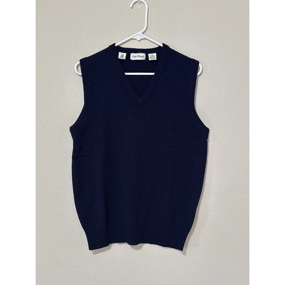 Vtg Four Winds Men's‎ 100% Lambswool Navy Sweater Vest Slipover Size M Preppy